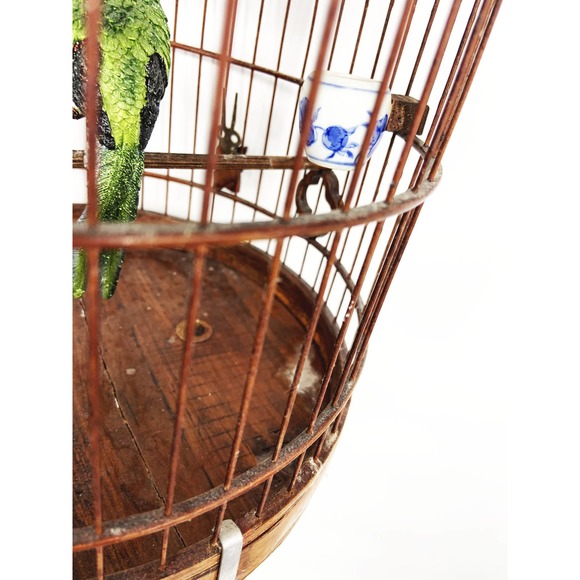 Vintage Hanging Wood Bamboo Bird Cage w/ Bird Ornament - Picture 8 of 12